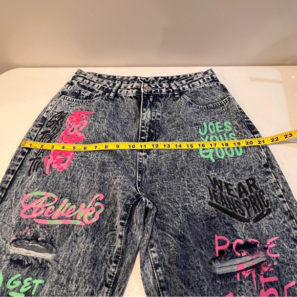 Shevadne Acid Washed Denim Jeans Graffiti Elastic Hi Rise 80's Style Womens L - Picture 9 of 14